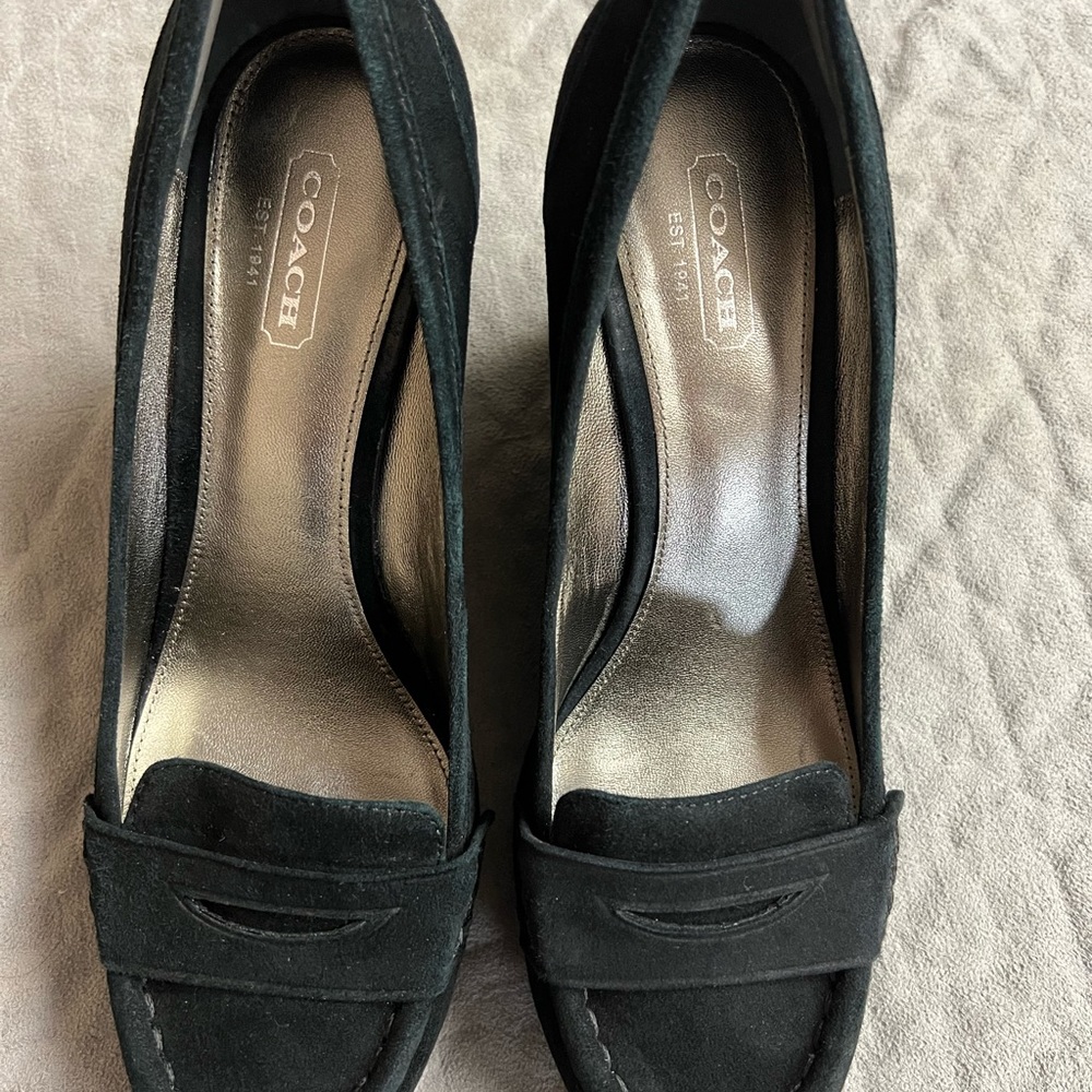 Coach Nela Black / Navy Suede Wood Wedge Loafers Shoes Size 7.5